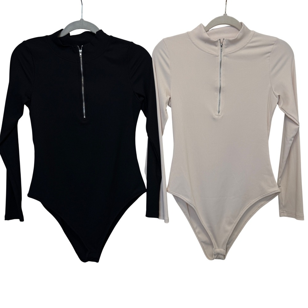 Bodysuit Set Womens L Black Beige Ribbed Quarter Zip Mock Neck Chic Stretch